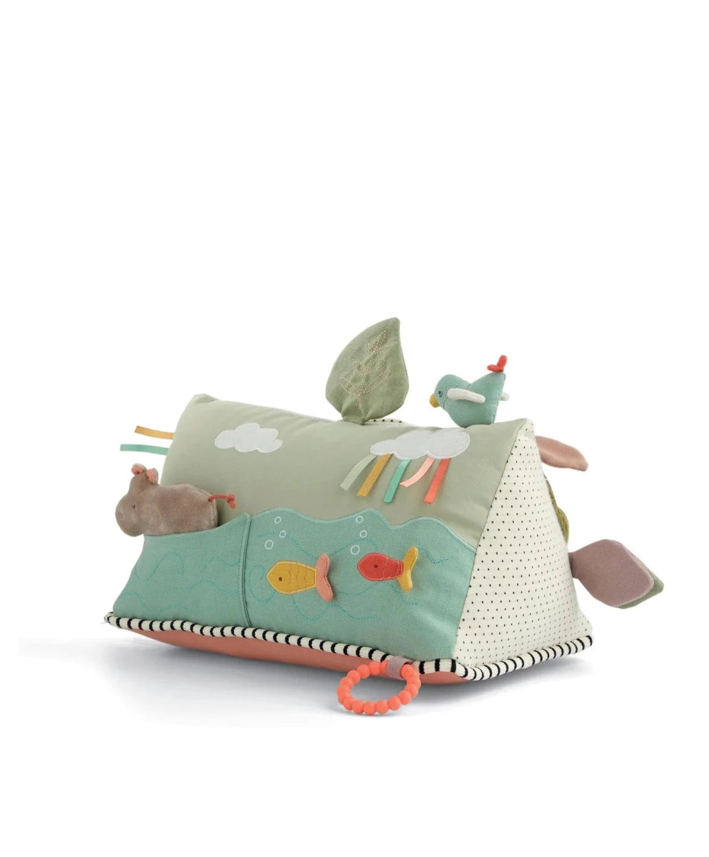 Wildlife activity triangle toy with fish, bird on top, and striped ribbon pull tabs
