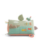 Wildlife activity triangle toy with fish panels, cloud applique, and hanging animal toys