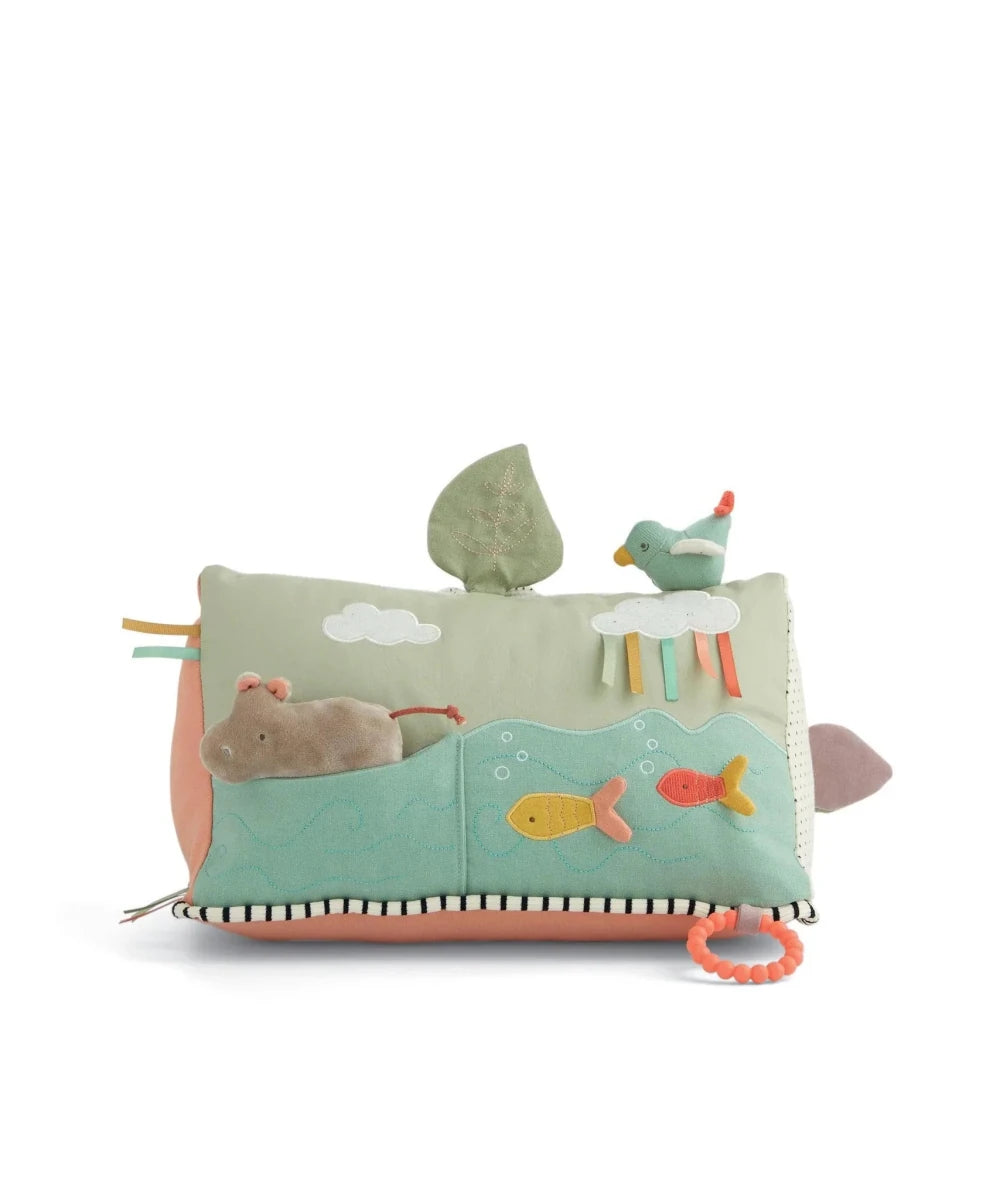 Wildlife activity triangle toy with fish panels, cloud applique, and hanging animal toys