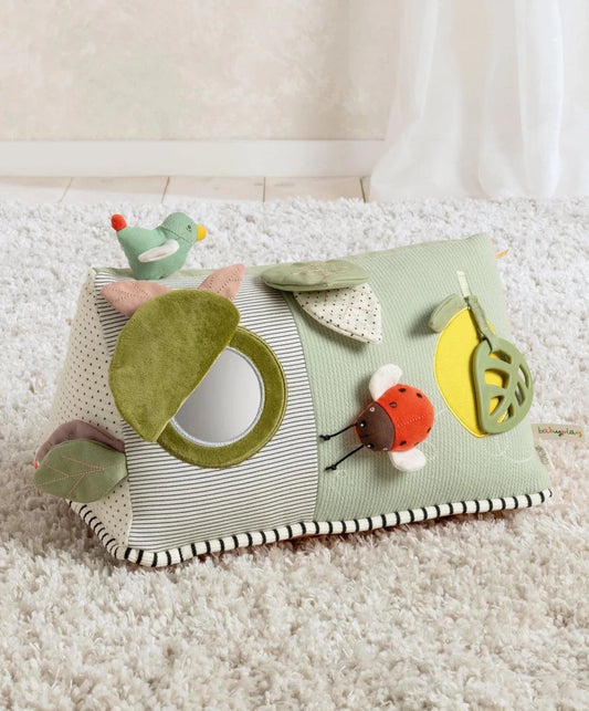 Wildlife activity triangle toy with owl mirror, crinkle fish, and dangling teether