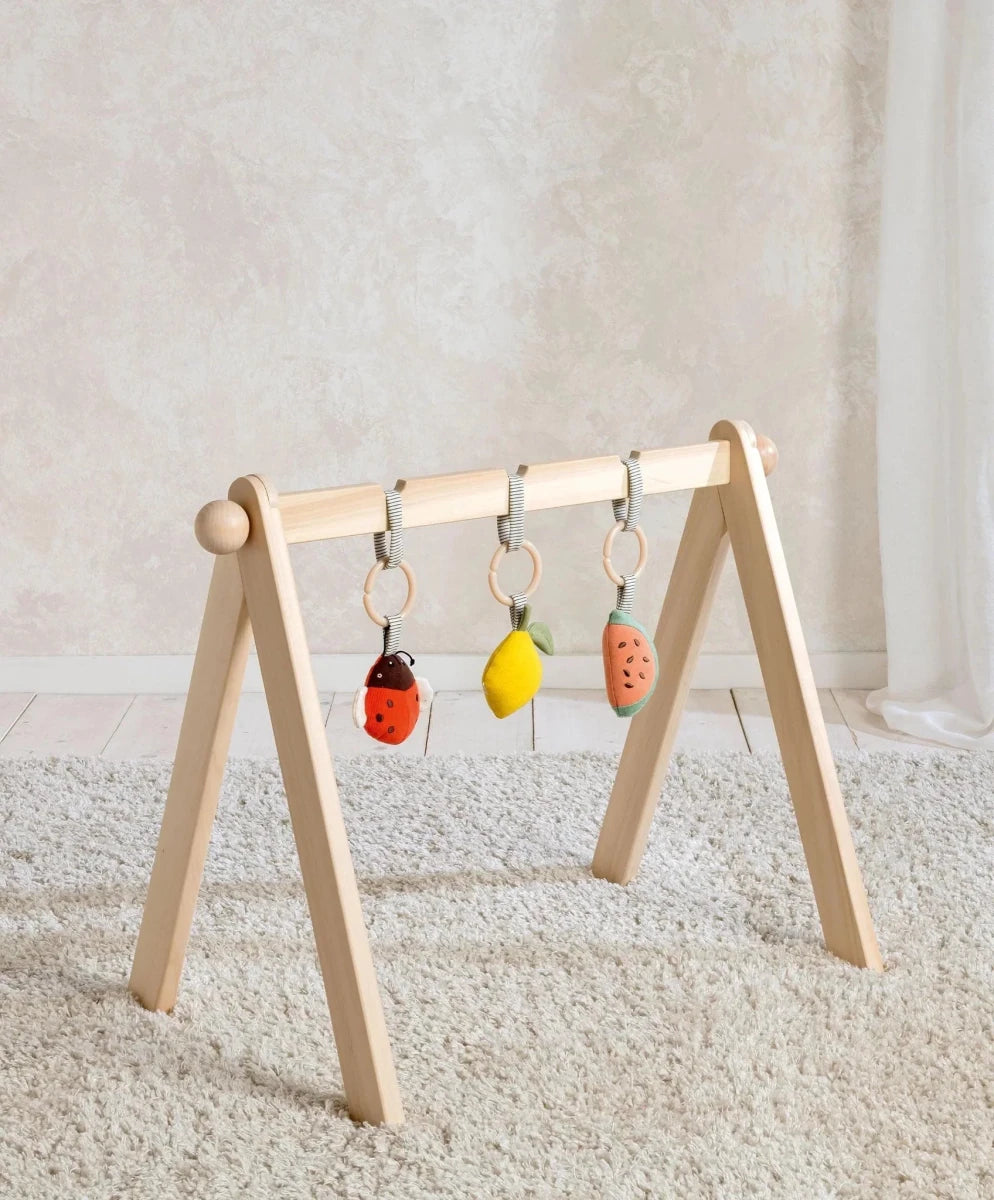 Wooden play arches with four dangling fruit-shaped sensory toys