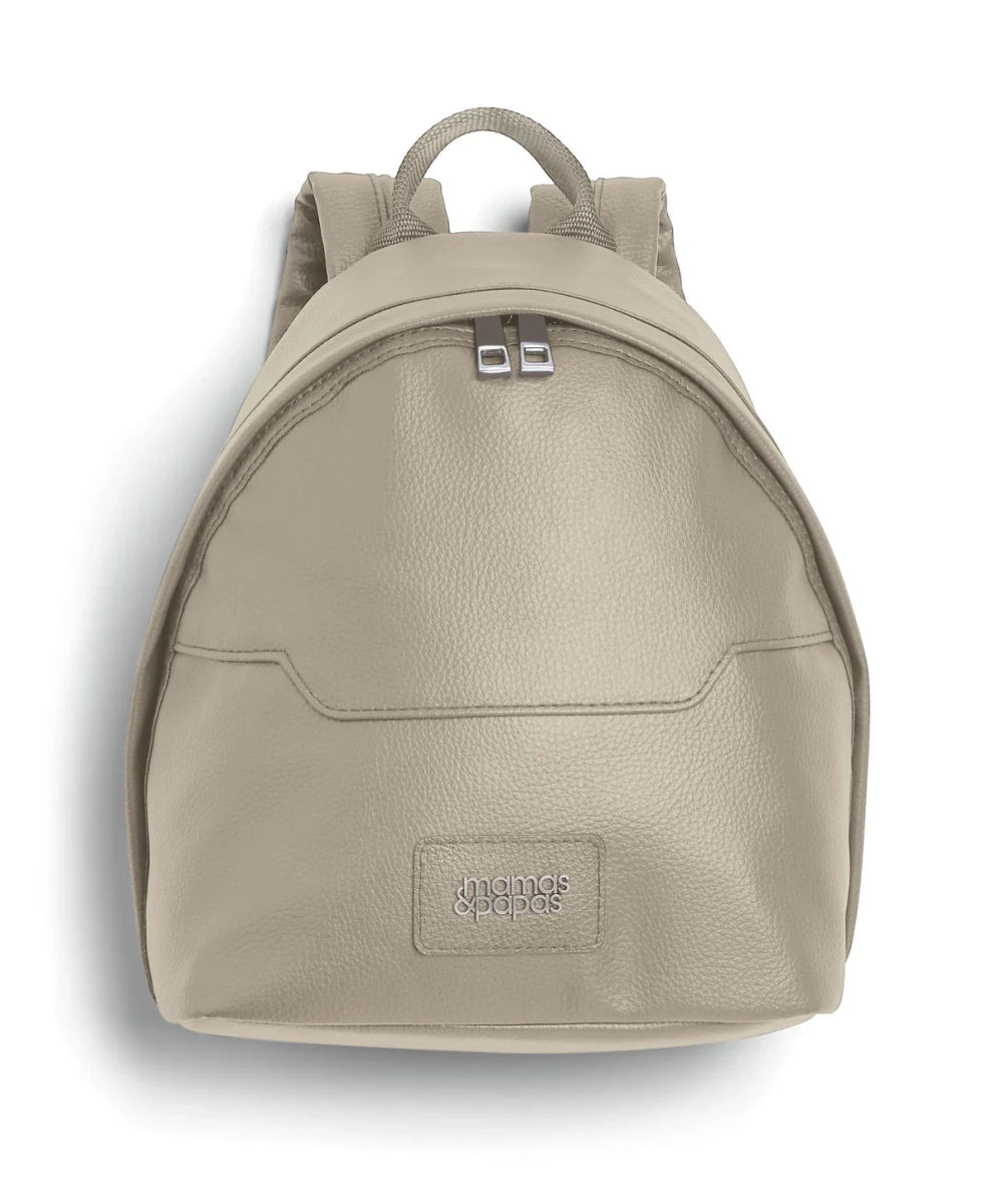 Khaki faux-leather backpack with arched front, double buckle strap, and brand patch