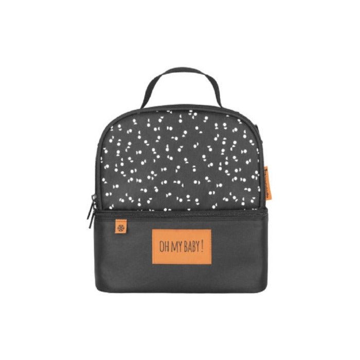 Insulated cooler bag with black base and white speckle print, top handle, front zip pocket