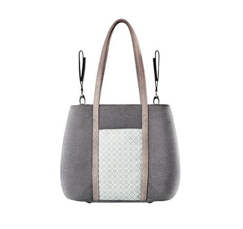 Mom tote bag with long handles, grey fabric, patterned front panel