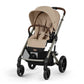 All-terrain stroller with beige seat, taupe canopy, and black wheels