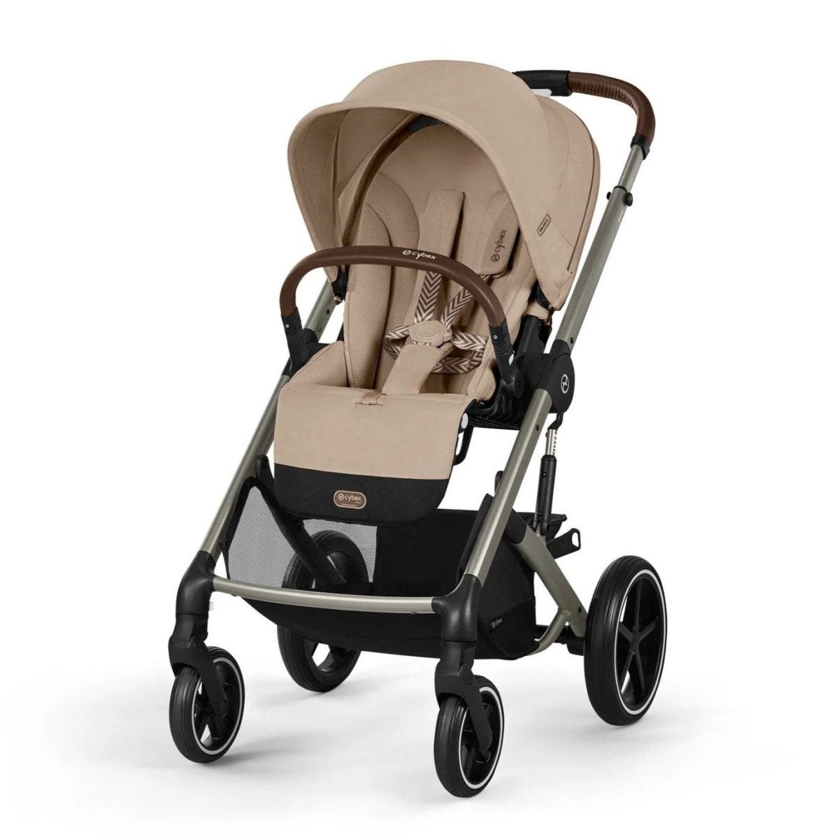 All-terrain stroller with beige seat, taupe canopy, and black wheels