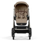 All-terrain stroller front view with beige seat, taupe canopy, and black underbasket