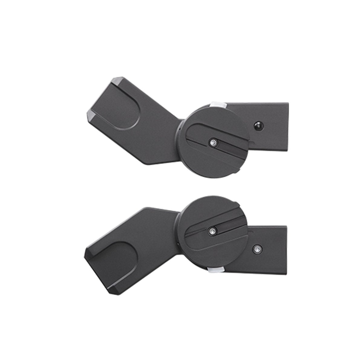 Black car seat adaptor with two mounting bracket parts and circular latch