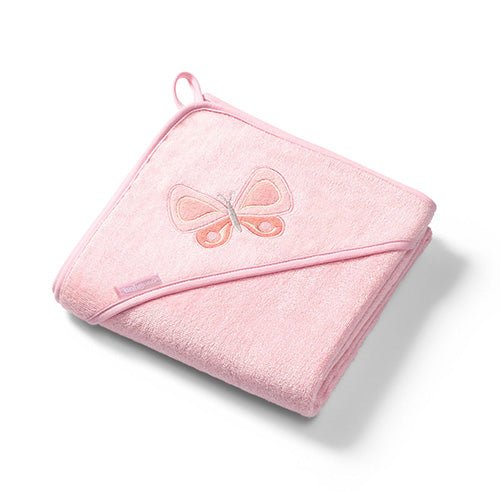 Bamboo hooded towel, pink, butterfly applique and corner loop strap