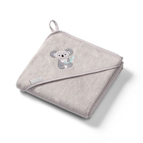 Bamboo hooded towel, light gray, koala applique and corner loop strap