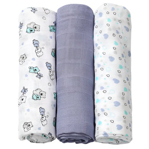 Bamboo hydrophilic nappies set of 3 rolled fabrics in light blue, lavender, and white prints