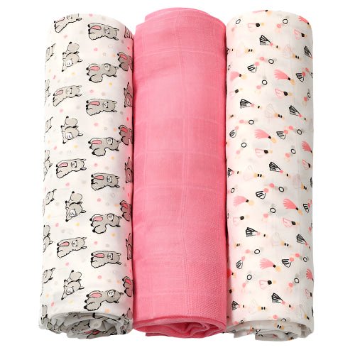 Bamboo hydrophilic nappies set of 3 rolled prints in pink and white with animal patterns