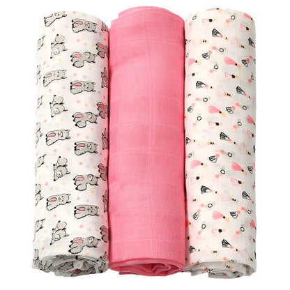 Bamboo hydrophilic nappies set of 3 rolled prints in pink and white with animal patterns