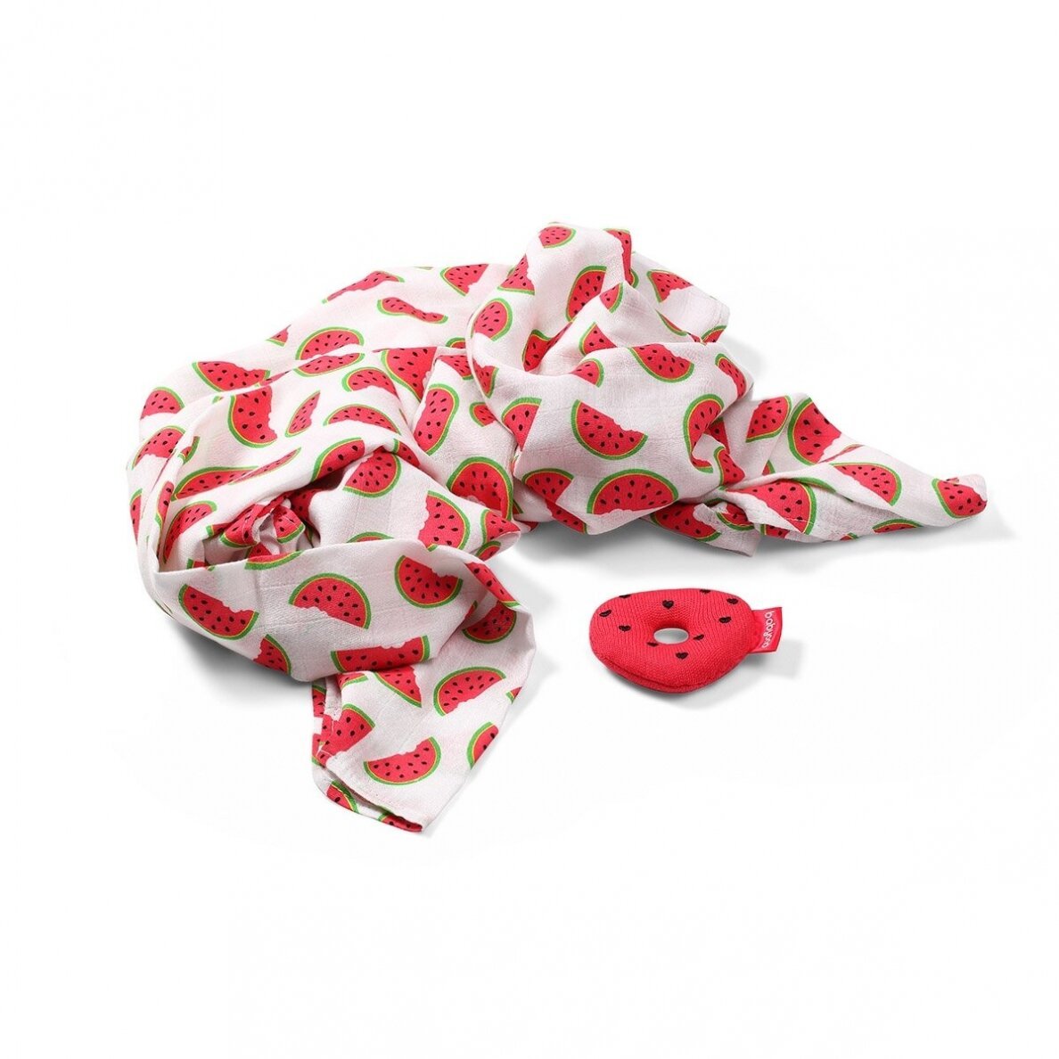 Bamboo muslin swaddle blanket, white with red watermelon print, plus red watermelon plush