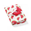 Bamboo muslin swaddle blanket, white with red watermelon slice print, folded with bow