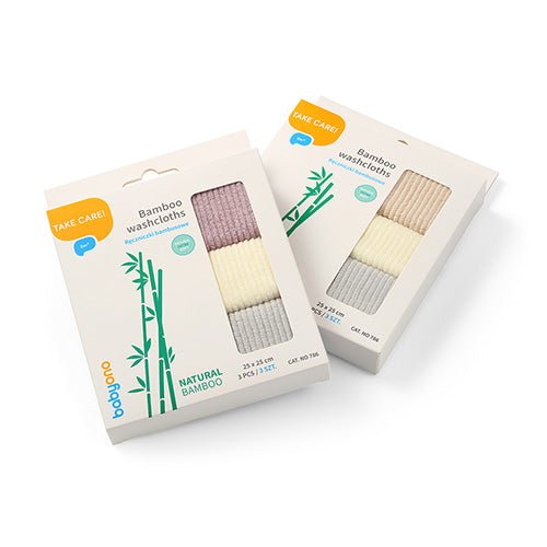 Bamboo washcloths pack of 3, striped towels in cream, beige, gray, mauve boxes
