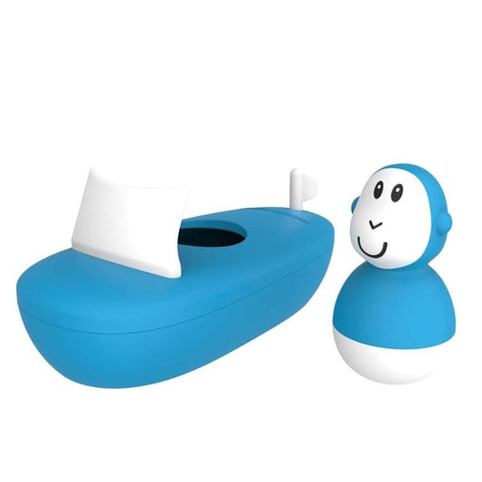 Blue bath boat set with smiling boy and white sides