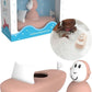 Bath boat set in box with pink curved boat, white seat, and monkey toy
