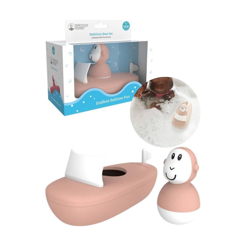 Pink bath boat set with monkey bath toy, white splash pot and curved boat