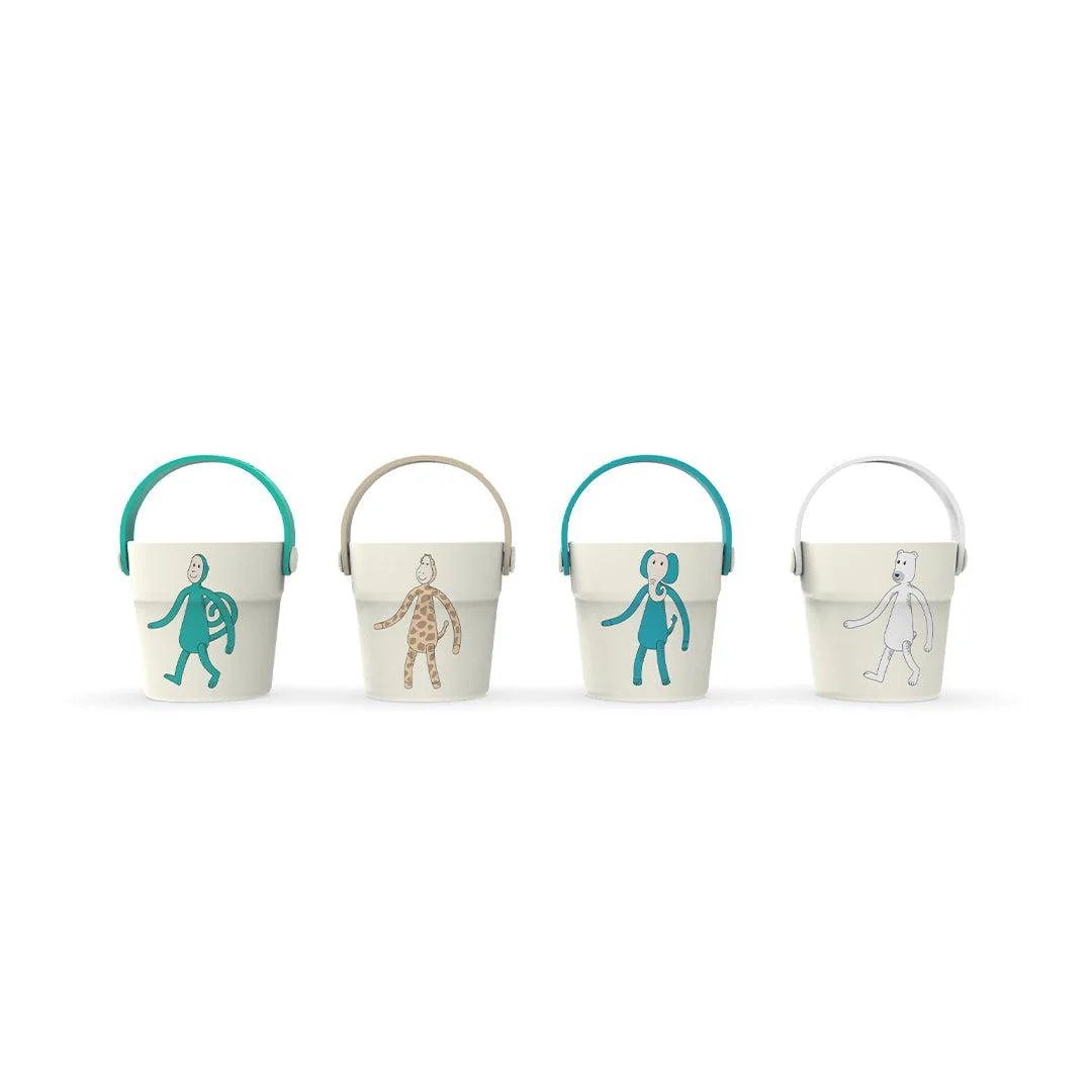 Children’s bath bucket set, four small buckets with character prints and handles
