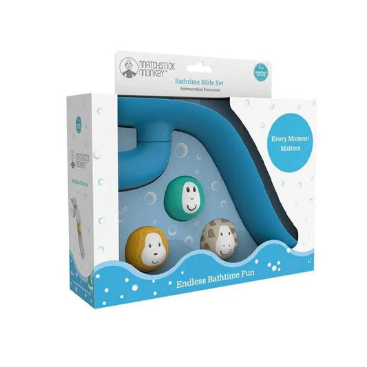 MunchsticK Monkey bathtime slide set box, blue slide with face balls