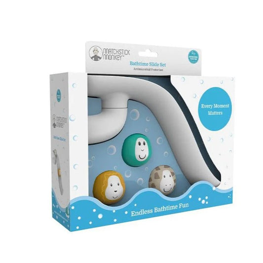 Bathtime slide set in white packaging with cartoon bath toys and slide