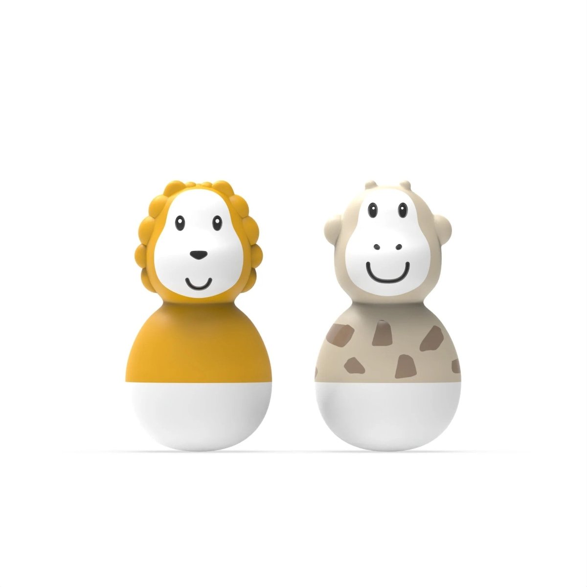 Lion and giraffe bath wobblers, yellow lion and white giraffe toy figures