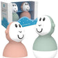 Pack of 2 bath wobbler toys in mint and peach, shown with retail box.