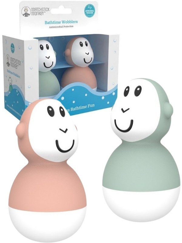 Pack of 2 bath wobbler toys in mint and peach, shown with retail box.