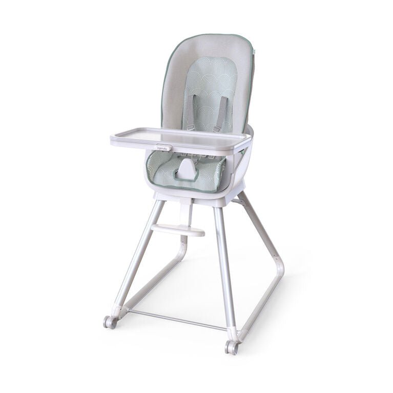 Gray high chair with clear feeding tray, padded seat, and safety harness