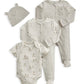 Four-piece baby outfit: gray hat, gray footed sleeper, striped zip sleeper, white printed bodysuit