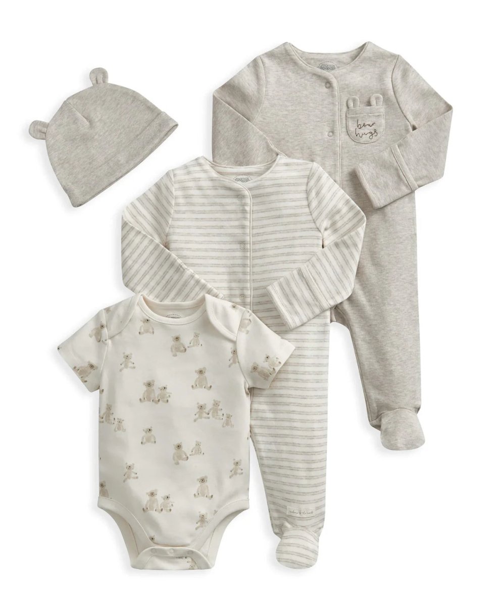 Four-piece baby outfit: gray hat, gray footed sleeper, striped zip sleeper, white printed bodysuit