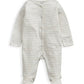 Light gray striped footed sleeper with full front zipper and long sleeves