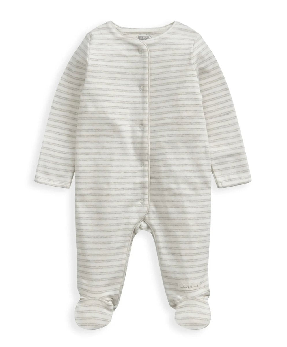 Light gray striped footed sleeper with full front zipper and long sleeves