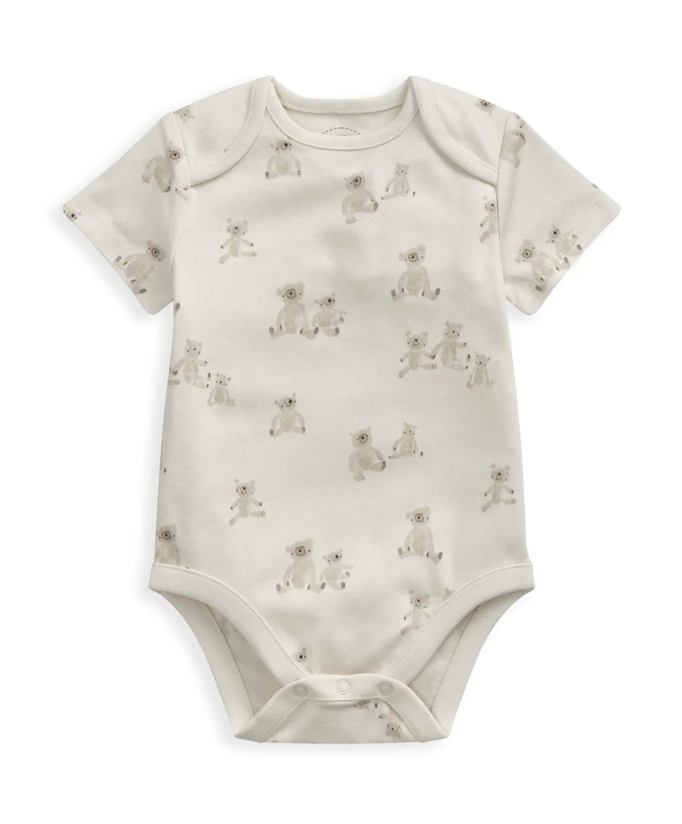 White short-sleeve bodysuit with allover teddy animal print and snap closure