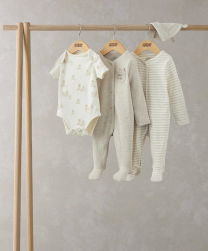 Baby starter set: white printed bodysuit, gray footed sleeper, striped footed sleeper