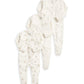 Set of three baby sleepsuits, light cream with small bear prints, footed design