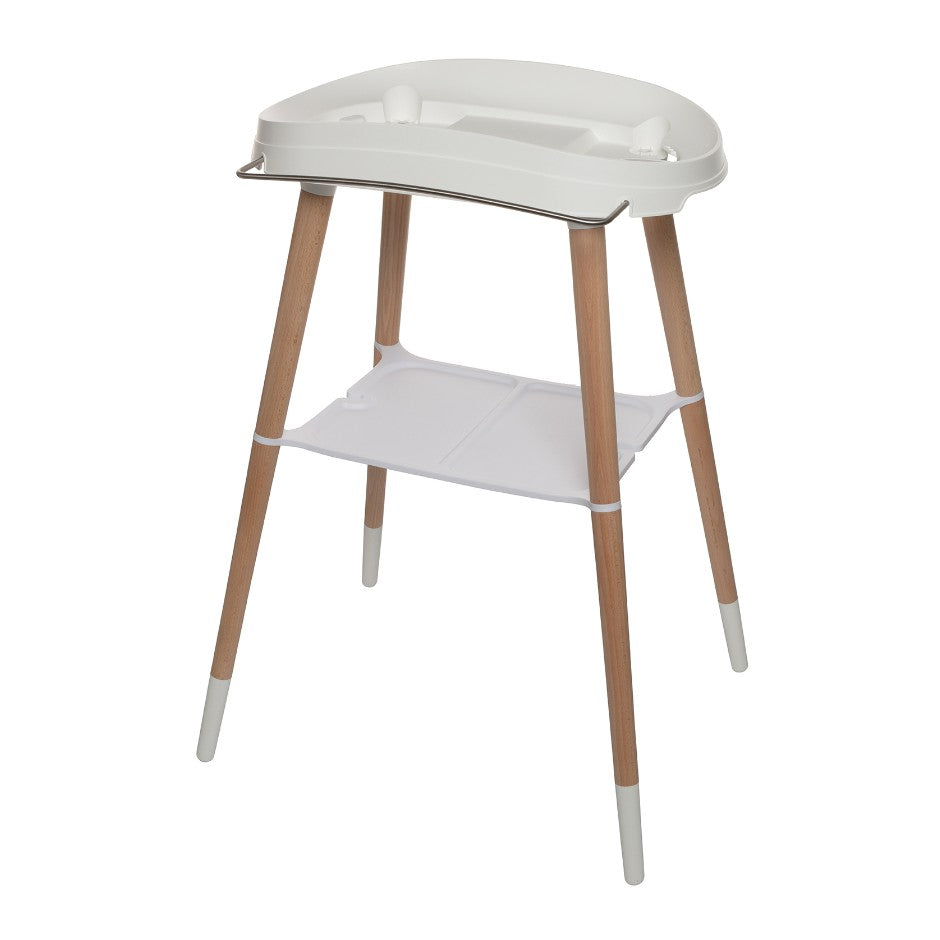White bath stand with two-tier tray and molded seat, light wood legs