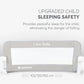 Grey fabric safety bed rail with mesh panel and rounded end brackets