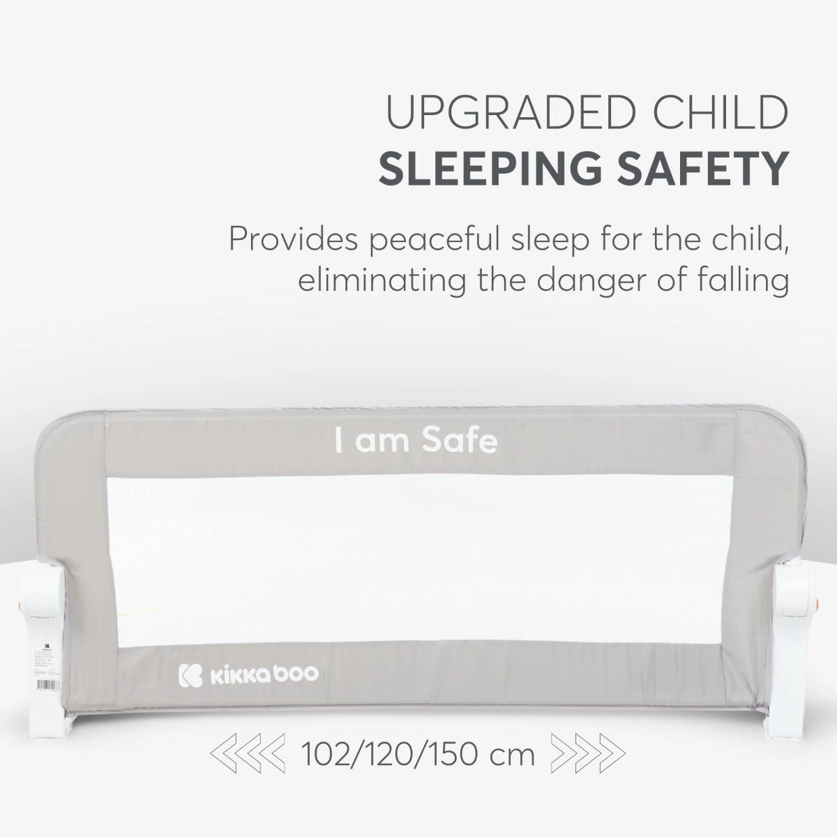 Grey fabric safety bed rail with mesh panel and rounded end brackets