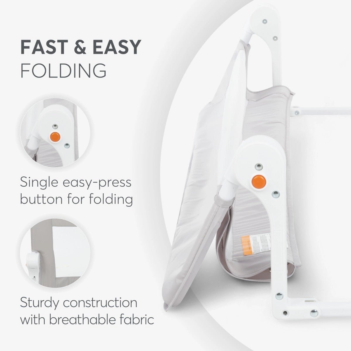 Foldable safety bed rail with side-release button and breathable mesh panel