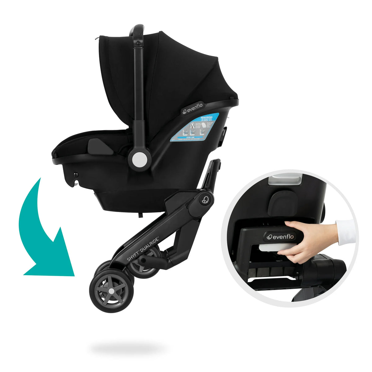 Black car seat and stroller combo with showing release detail, side view