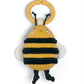 Bee activity soft toy with yellow body, black stripes, round wings, hanging loop