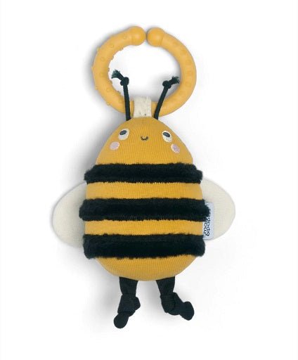 Bee activity soft toy with yellow body, black stripes, round wings, hanging loop