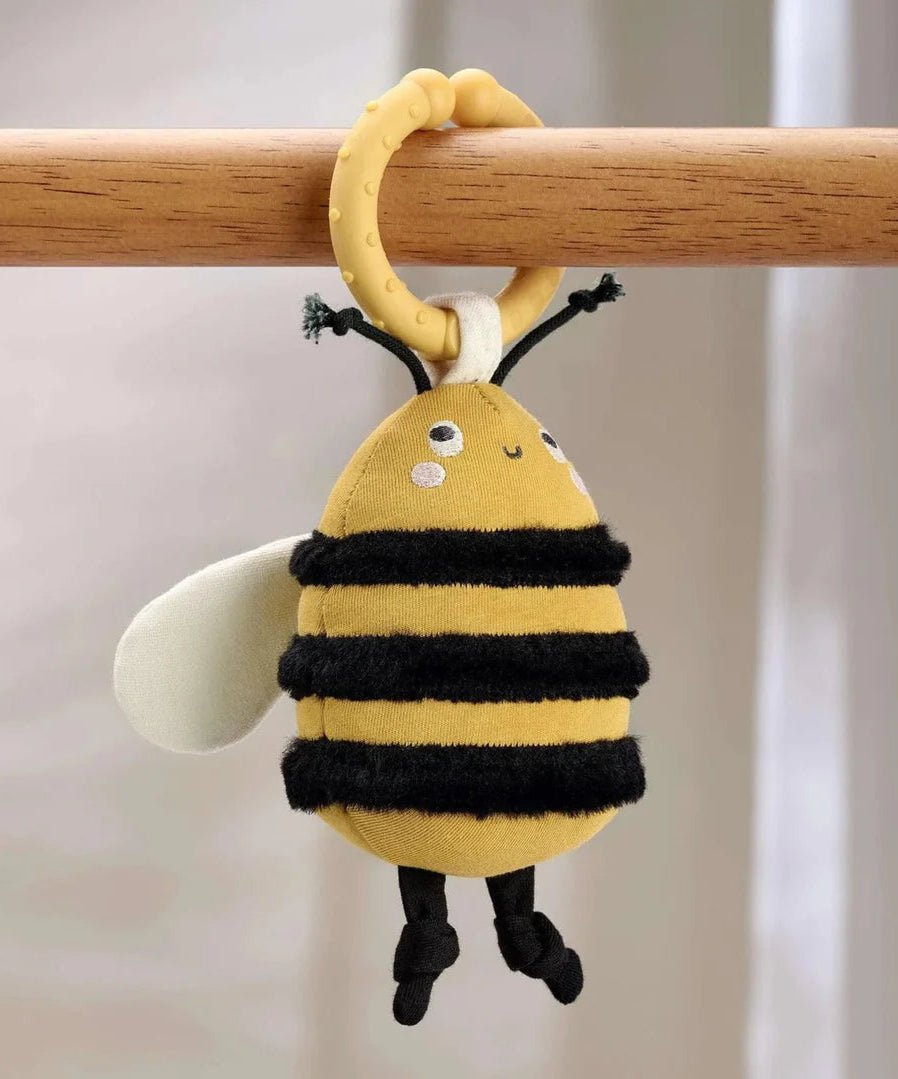 Hanging bee activity soft toy with yellow and black striped body, plush wings