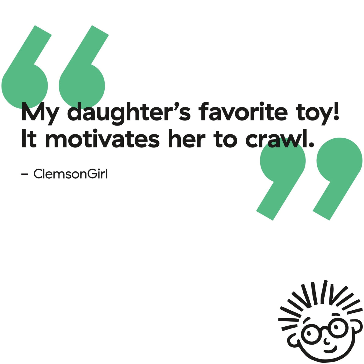Promotional quote graphic with green text and smiley icon on white background