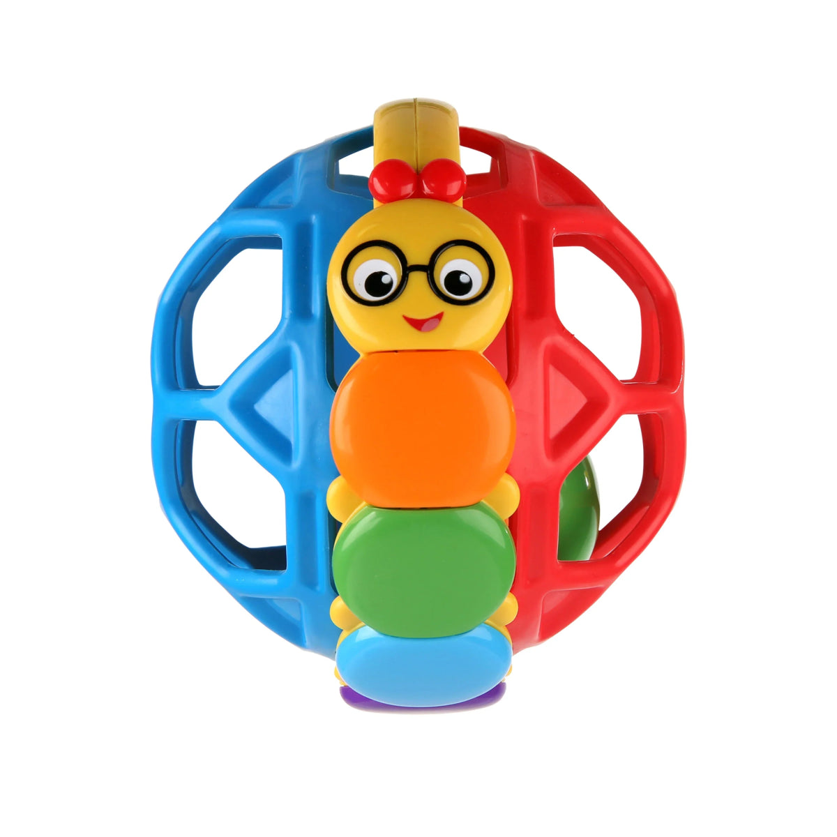Colorful ball rattle toy with animal face, finger holes, and three stacked segments