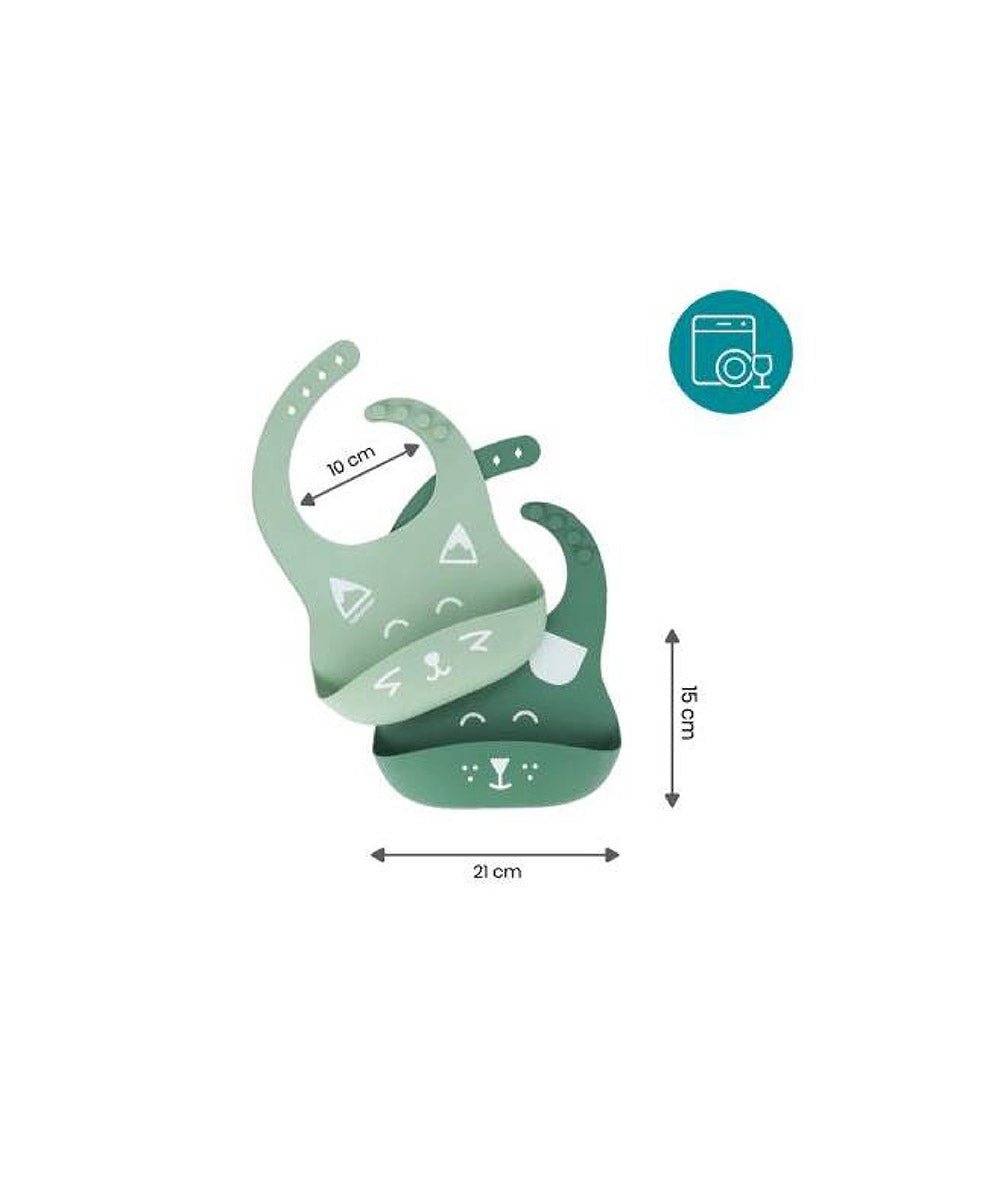 Green silicone bib with front pocket, size 21 x 15 x 10 cm