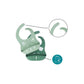 Green silicone bib with front pocket, printed icons and curved neck opening