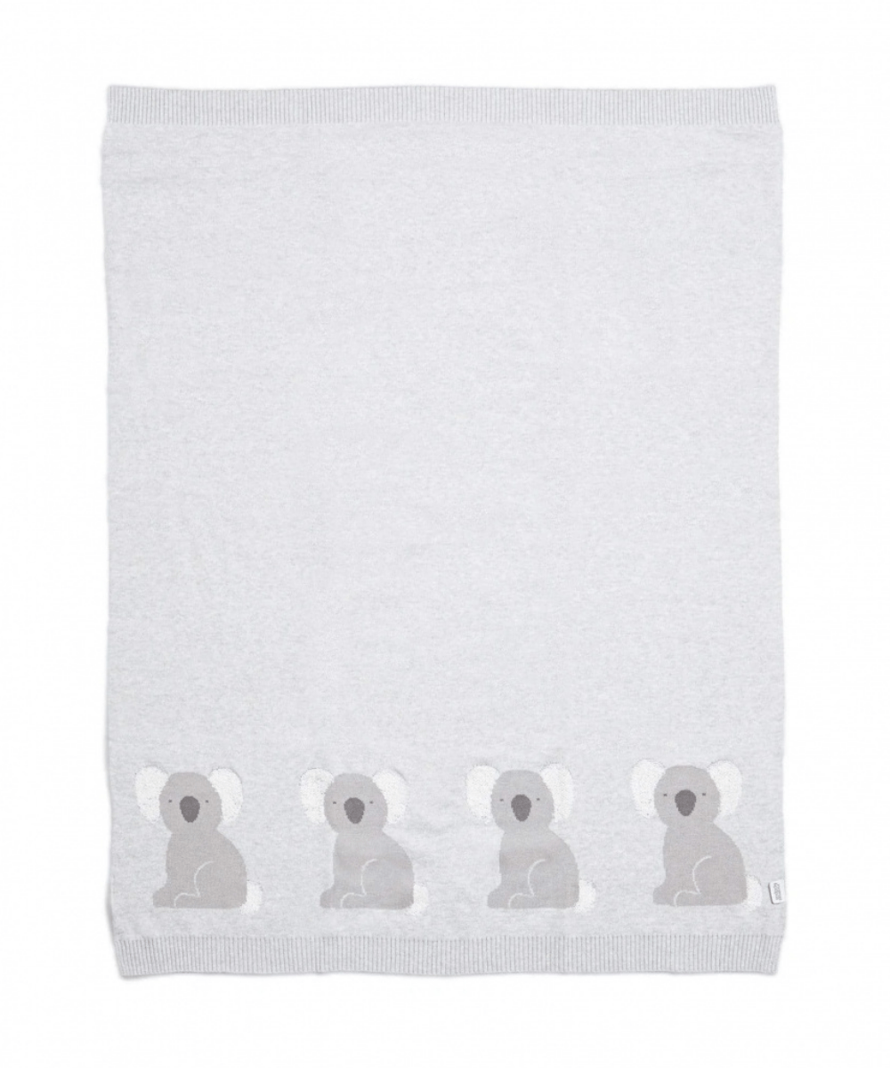 Knitted koala blanket in light gray with repeating koala faces along the border